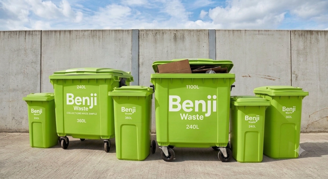 Range of Benji Waste commercial wheelie bins in different sizes, from 240L to 1100L